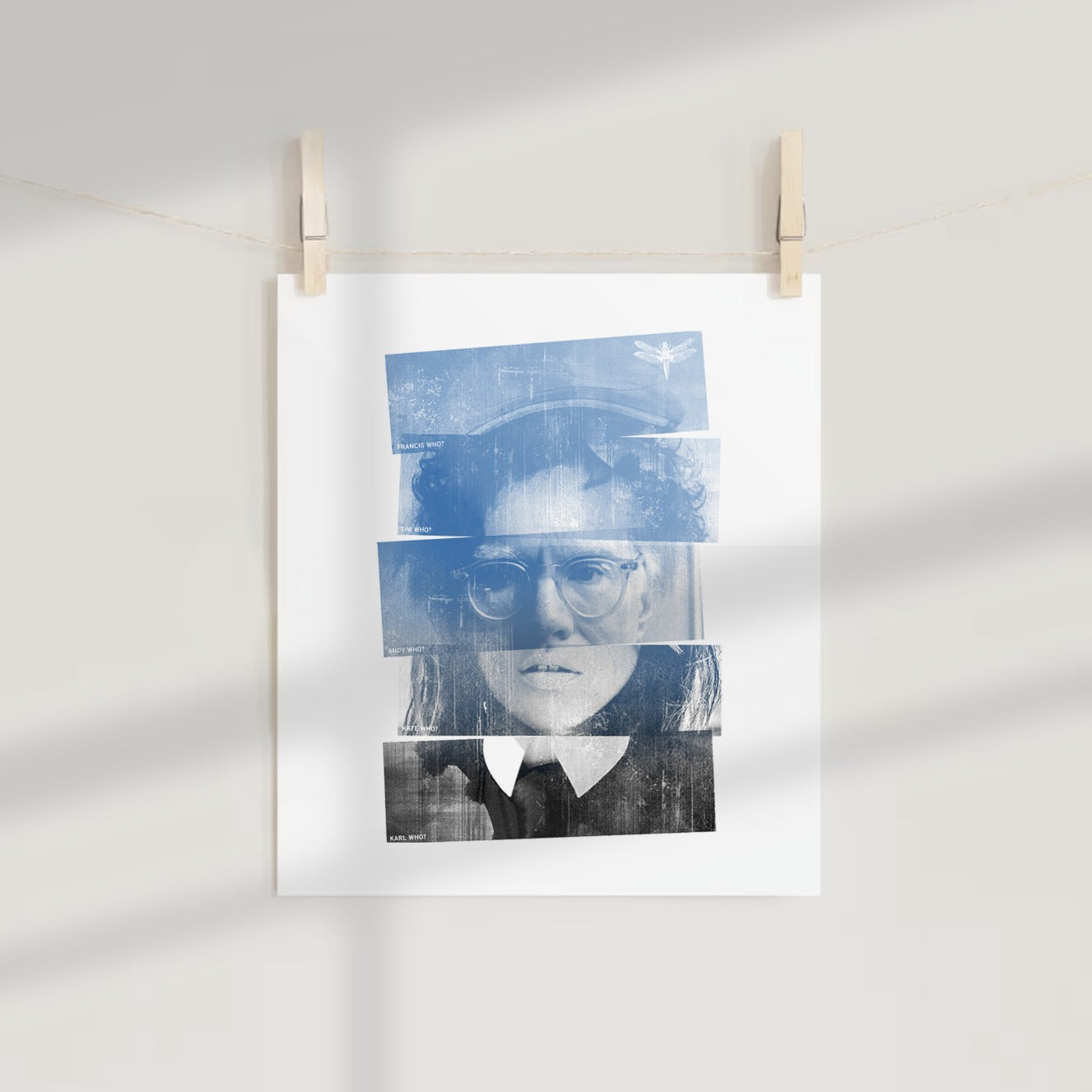 Fragmented Portrait Art Print with Blue Overlay Design