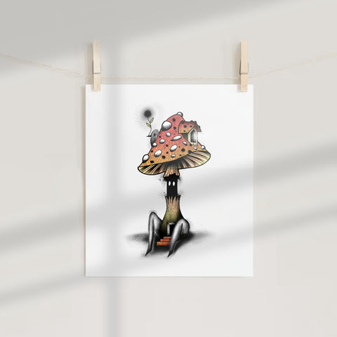 Whimsical Mushroom House Art Print with Fantasy Elements
