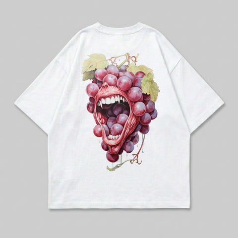 White t-shirt with graphic of grapes with a screaming mouth.