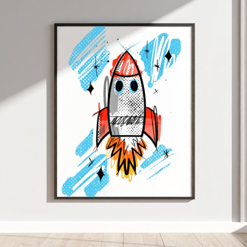 Modern Rocket Wall Art Blue and Red Space Art Print