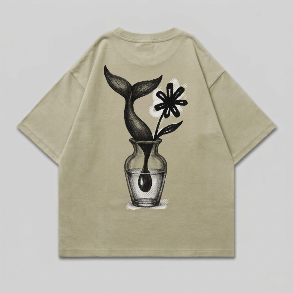 T-shirt with whale tail and abstract flower in glass vase illustration.