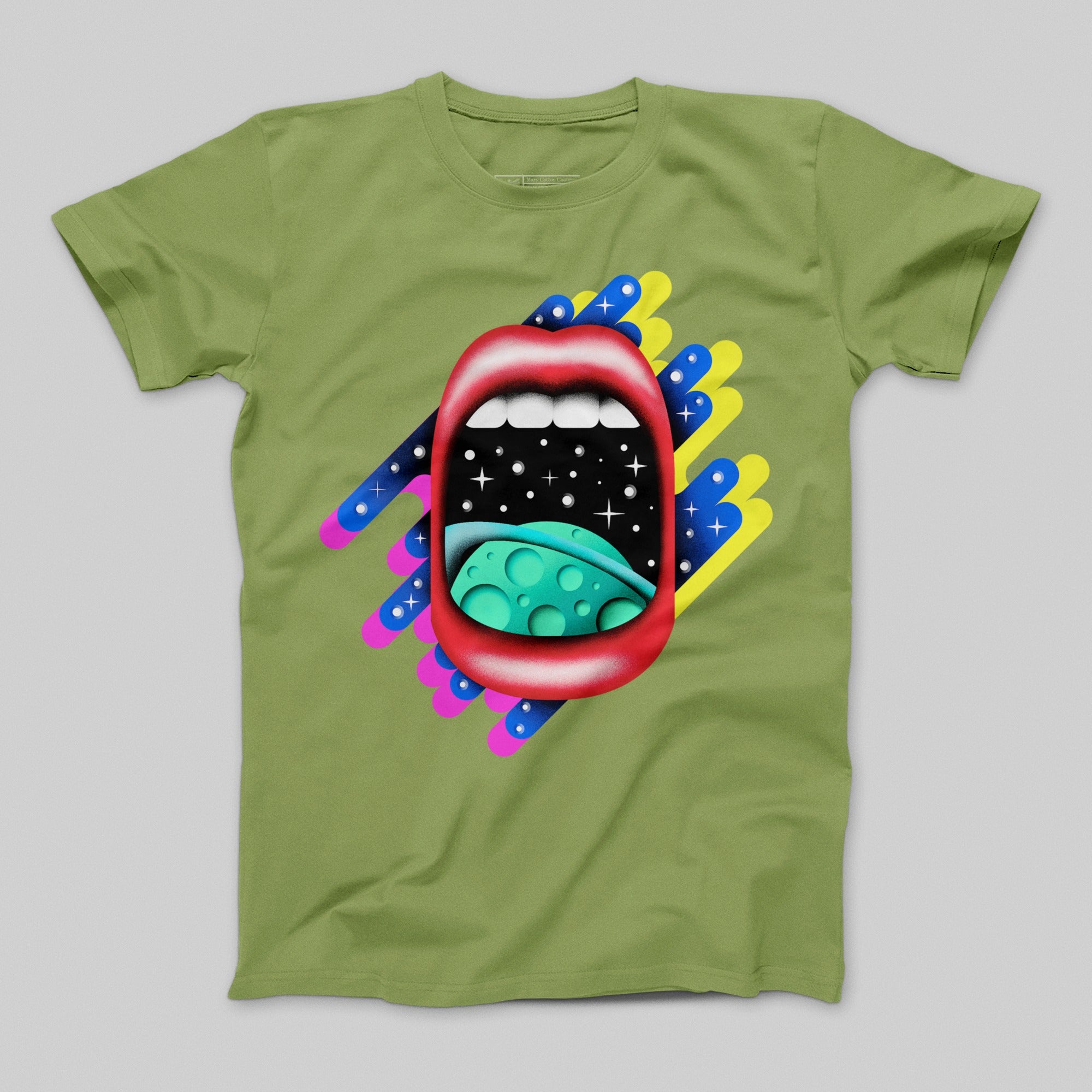 Vibrant Cosmic Lip Graphic Printed on Green T-shirt