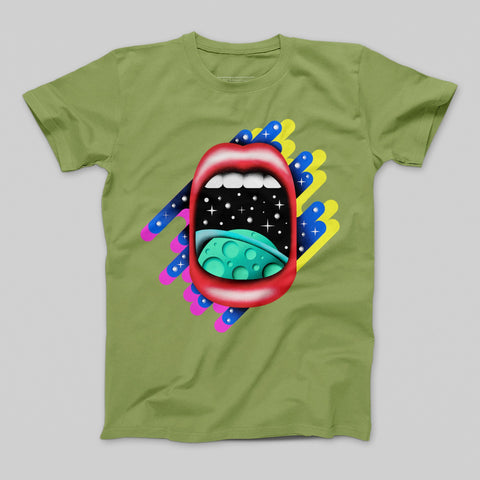Vibrant Cosmic Lip Graphic Printed on Green T-shirt