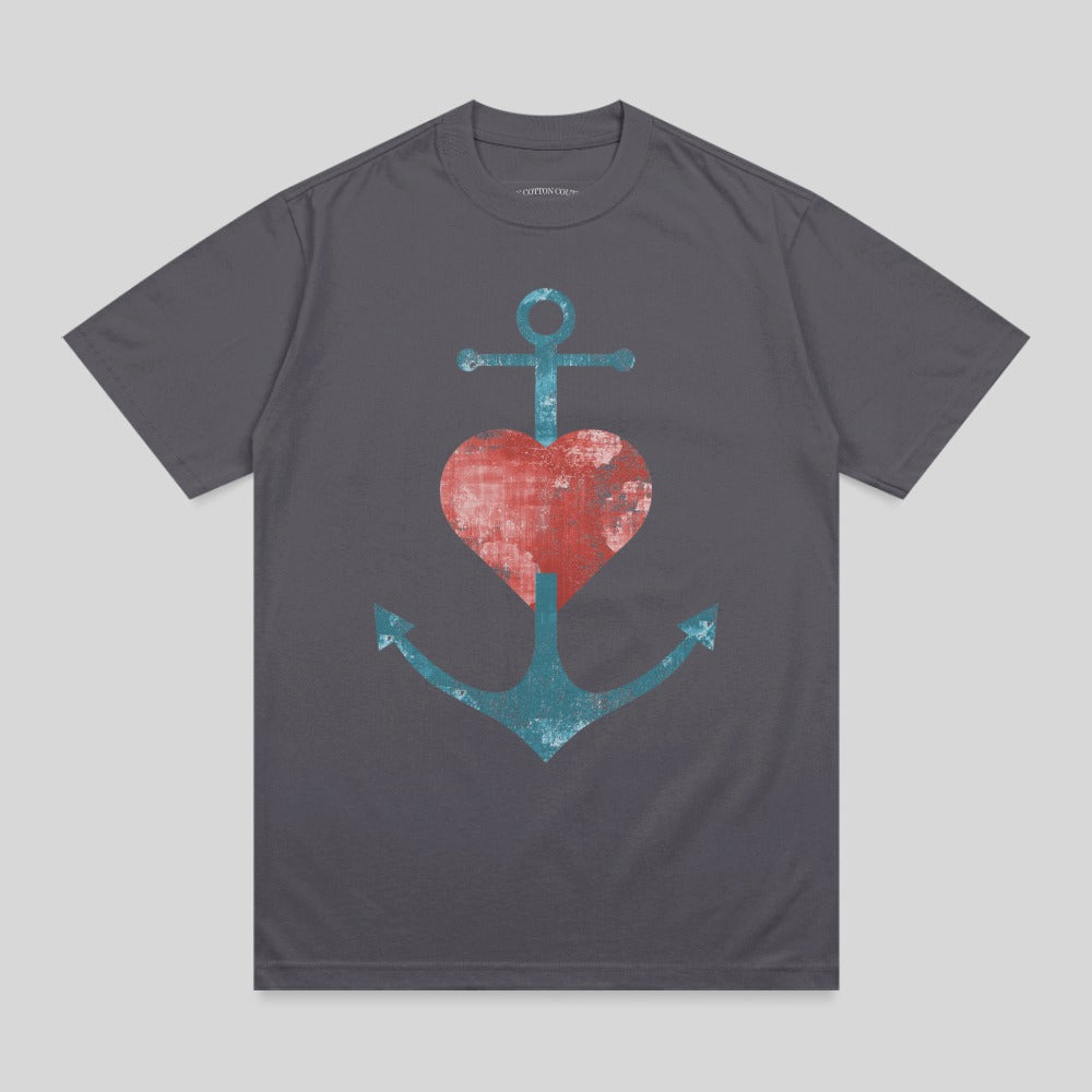 Anchor and heart graphic on a charcoal grey t-shirt.