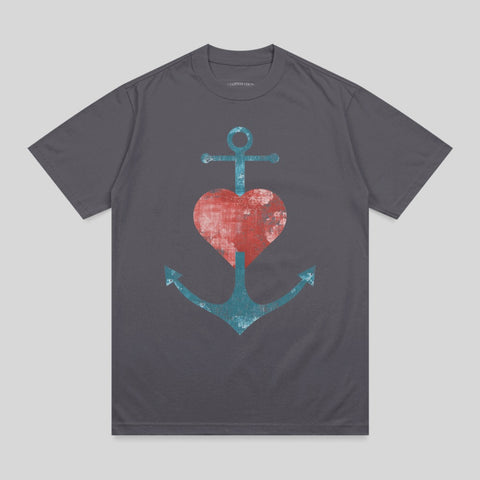 Anchor and heart graphic on a charcoal grey t-shirt.