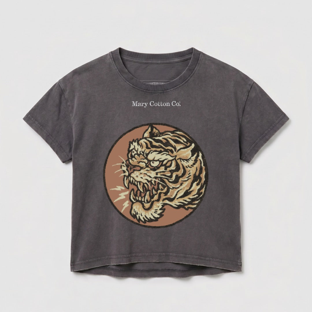 Dark gray t-shirt with a distressed graphic of a roaring tiger's head and "Mary Cotton Co." text.