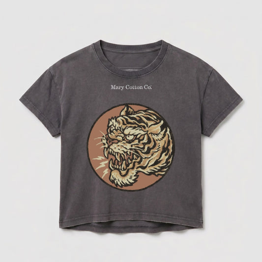 Dark gray t-shirt with a distressed graphic of a roaring tiger's head and "Mary Cotton Co." text.