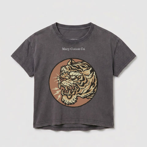 Dark gray t-shirt with a distressed graphic of a roaring tiger's head and "Mary Cotton Co." text.