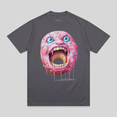 Graphic t-shirt with a screaming, angry pink frosted donut design.