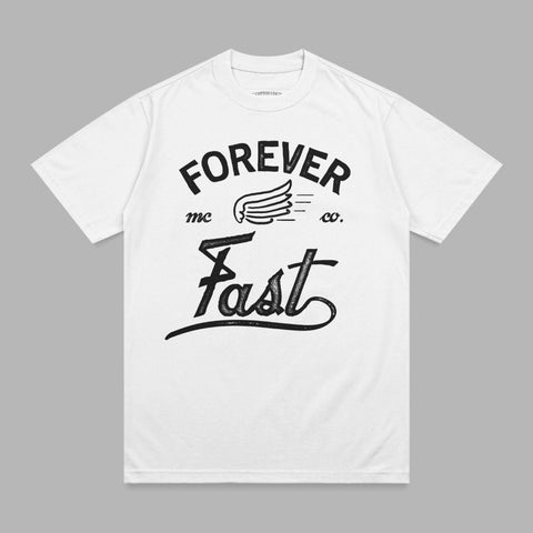 White t-shirt with "FOREVER Fast" logo and wings graphic.