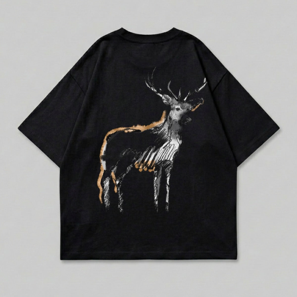 Black t-shirt with a stylized stag graphic in white and orange.