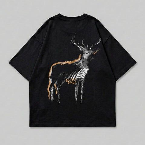Black t-shirt with a stylized stag graphic in white and orange.