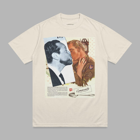 Cream t-shirt featuring vintage advertisement of two men kissing, "Community" text.