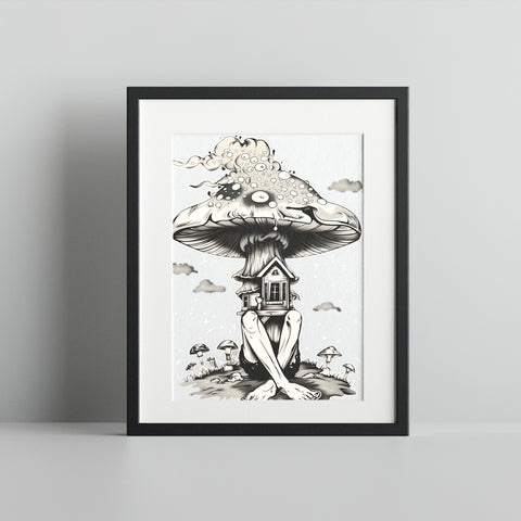 Surreal Mushroom House Illustration Art Print