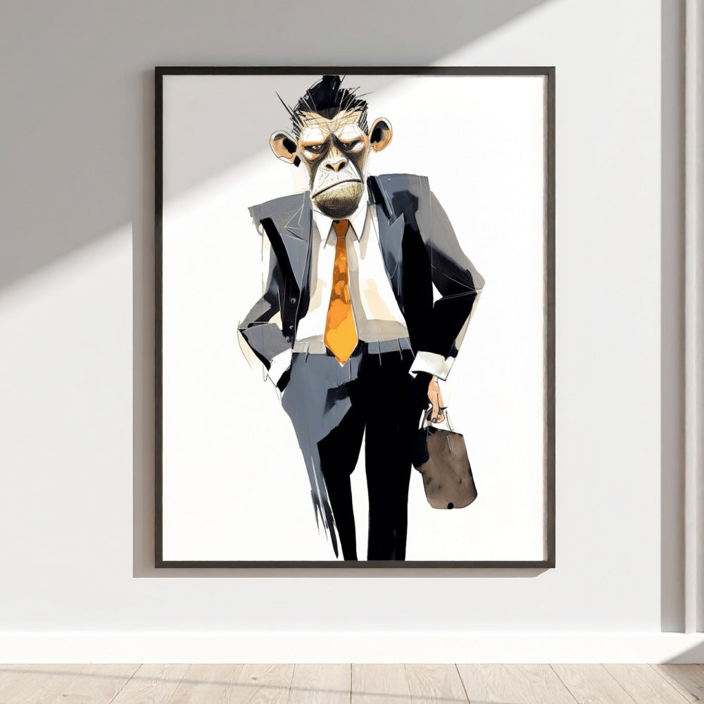 Business Monkey Art Print with Orange Tie Wall Decor