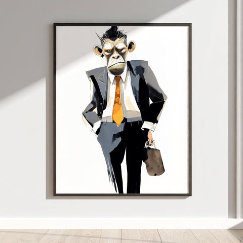Business Monkey Art Print with Orange Tie Wall Decor
