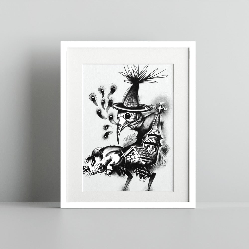 Mysterious Plague Doctor with Opossum Art Print