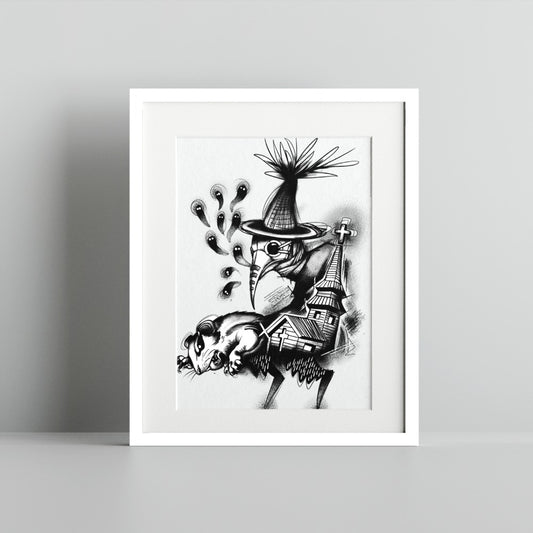 Mysterious Plague Doctor with Opossum Art Print