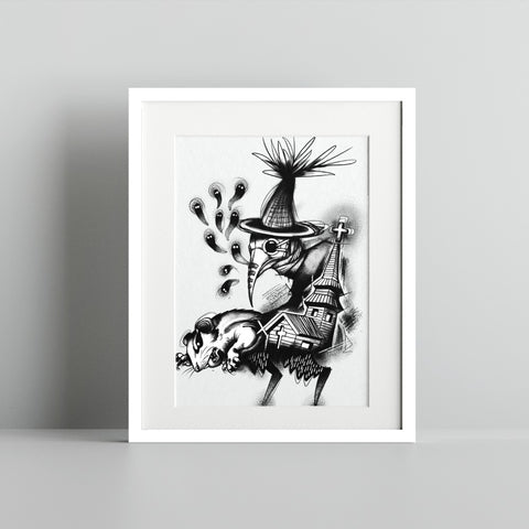 Mysterious Plague Doctor with Opossum Art Print