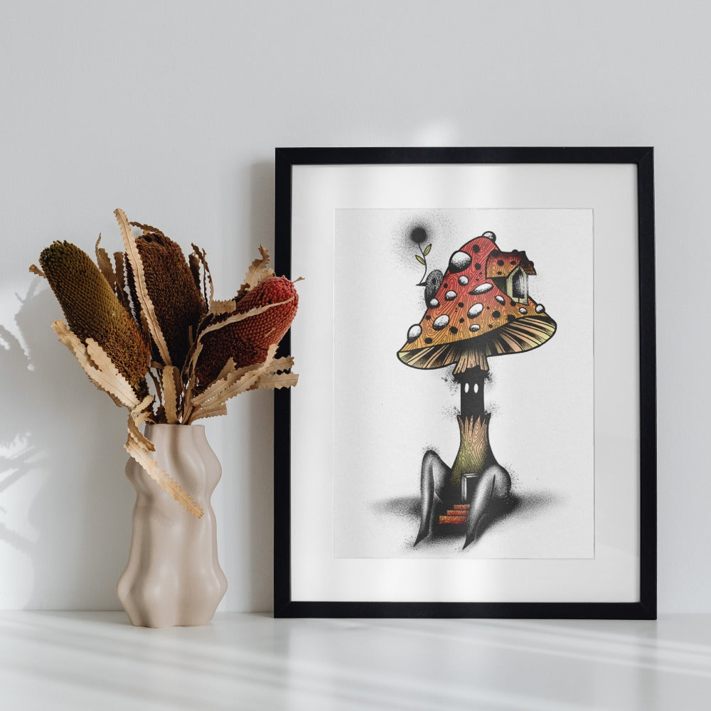 Whimsical Mushroom House Art in Minimalist Frame Print
