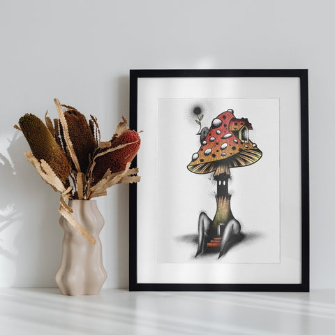 Whimsical Mushroom House Art in Minimalist Frame Print