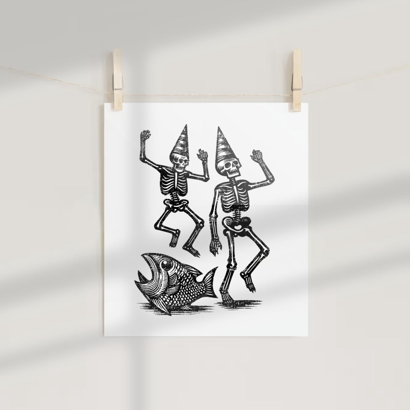 Dancing Skeletons with Hats and Fish Art Print