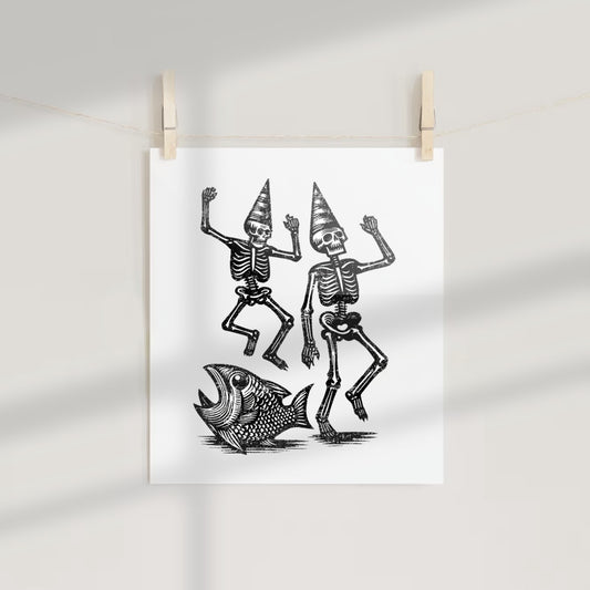 Dancing Skeletons with Hats and Fish Art Print