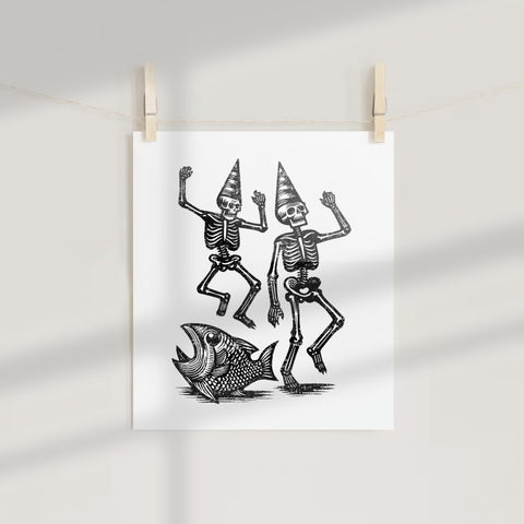 Dancing Skeletons with Hats and Fish Art Print