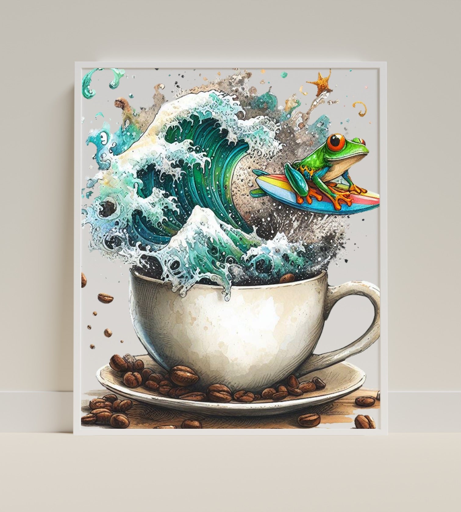 Surreal Frog and Wave in Coffee Cup Artistic Print