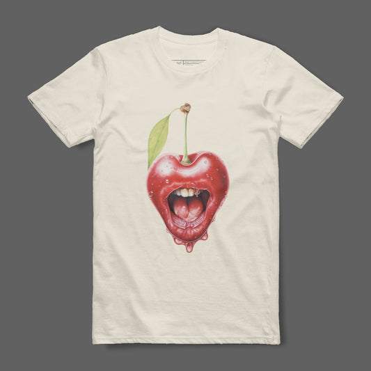 Unique Graphic Tee with Cherry and Mouth Design