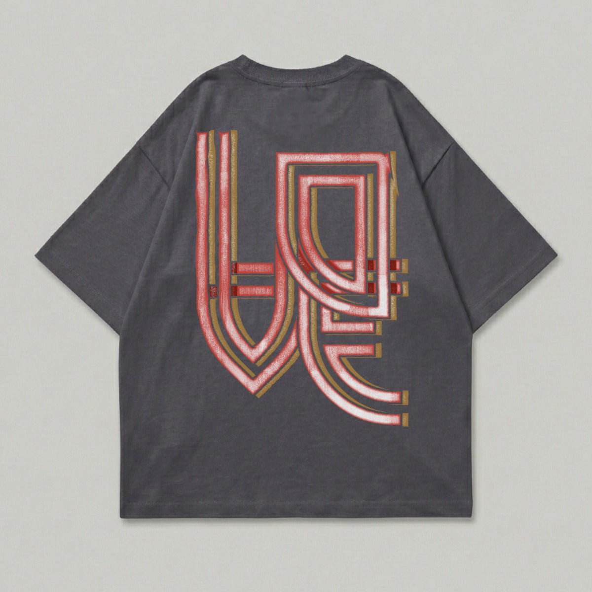 Dark grey t-shirt with red and gold graphic design on back.