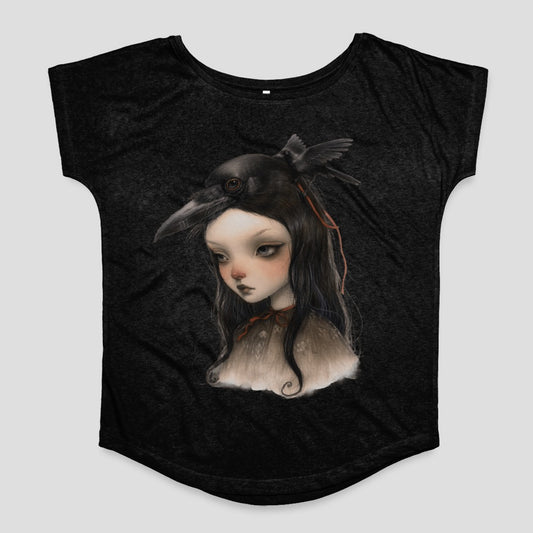 Mysterious Girl with Crow Graphic Tee Shirt