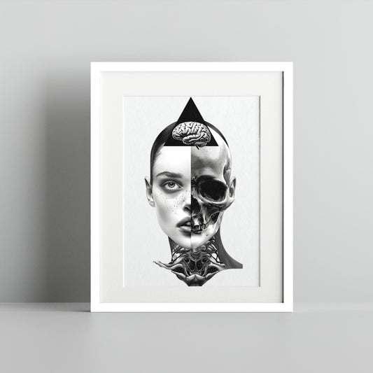 Surreal Half Human Half Skull Art Print for Home Decor