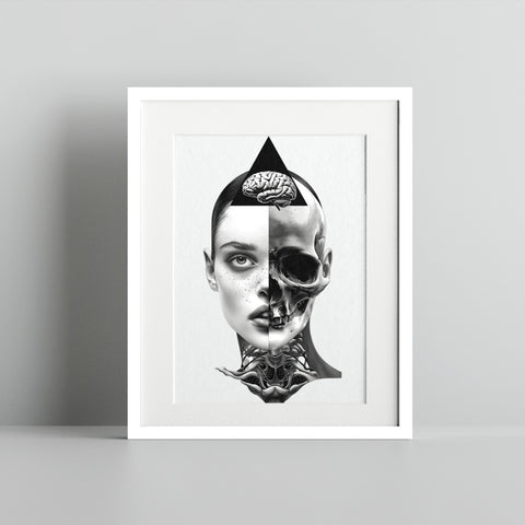 Surreal Half Human Half Skull Art Print for Home Decor
