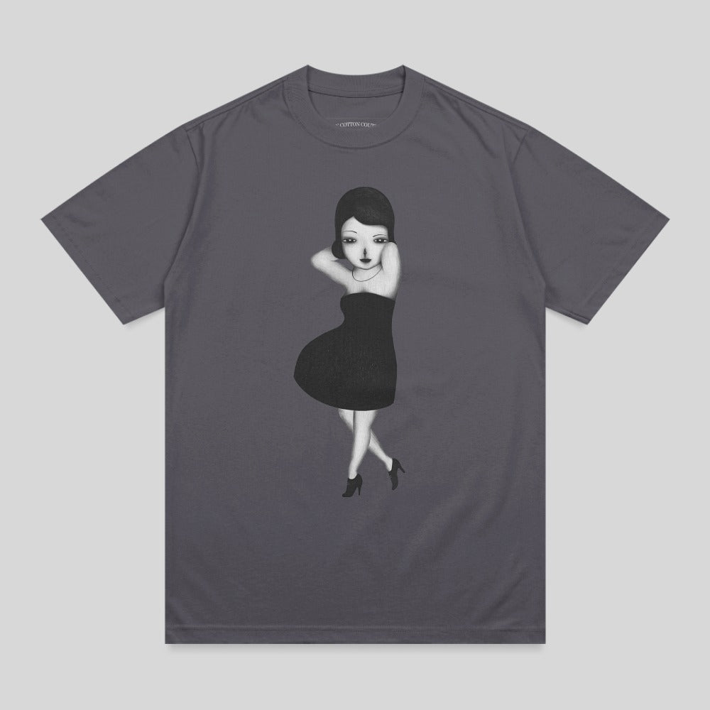 T-shirt with charcoal gray fabric and a black and white illustration of a woman in a dress.