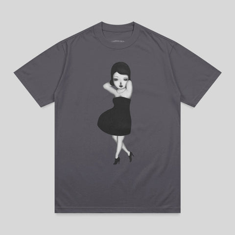 T-shirt with charcoal gray fabric and a black and white illustration of a woman in a dress.
