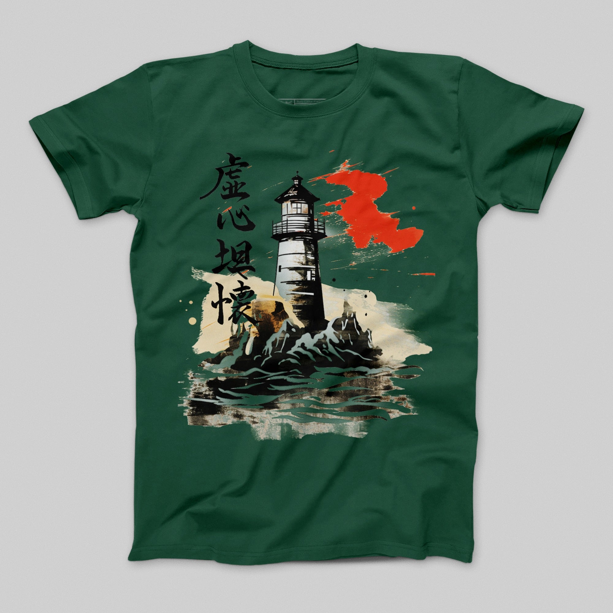 Lighthouse and Waves Japanese Art Green Tee