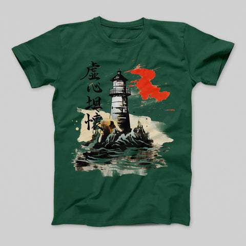 Lighthouse and Waves Japanese Art Green Tee