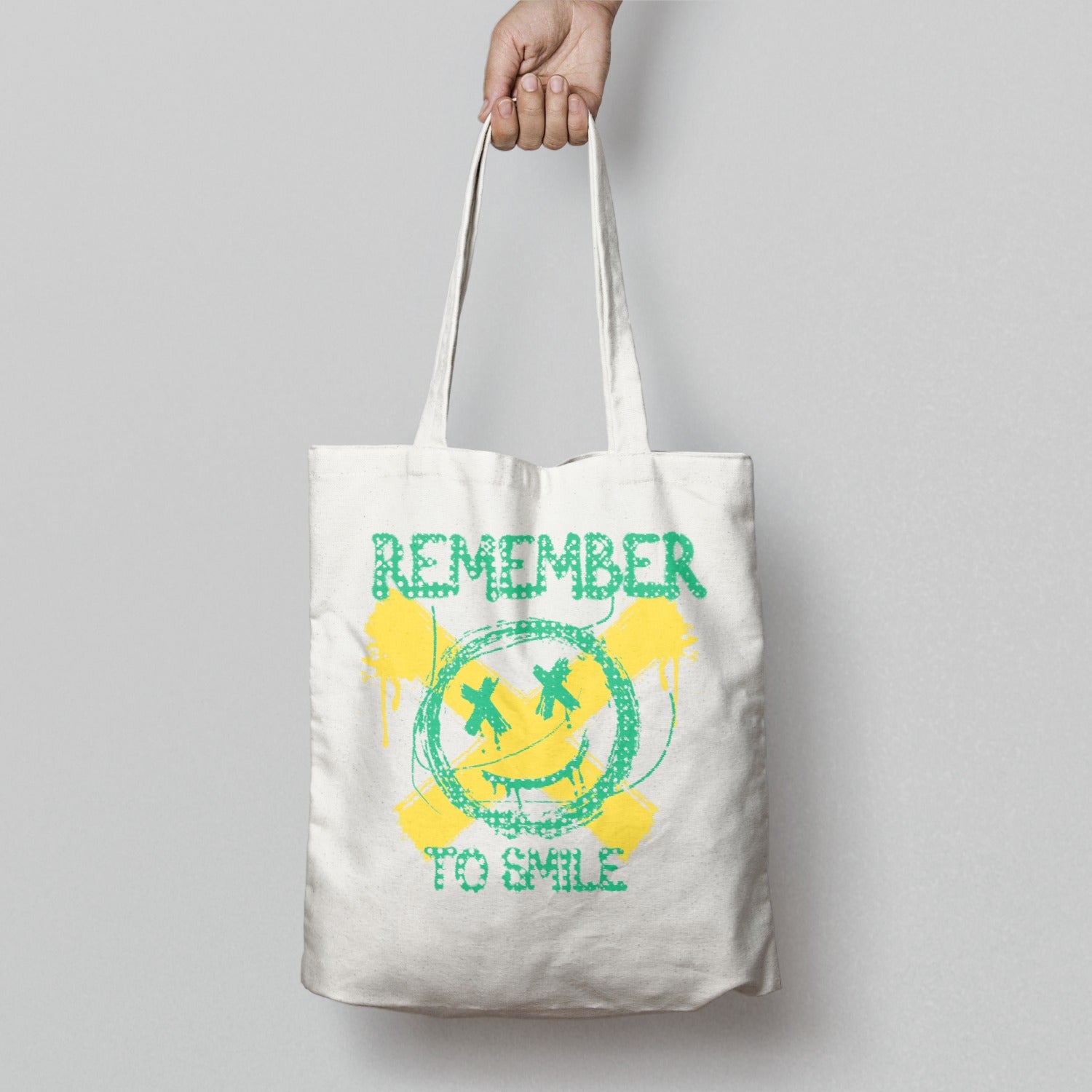 Remember To Smile Tote Bag with Green and Yellow Smile