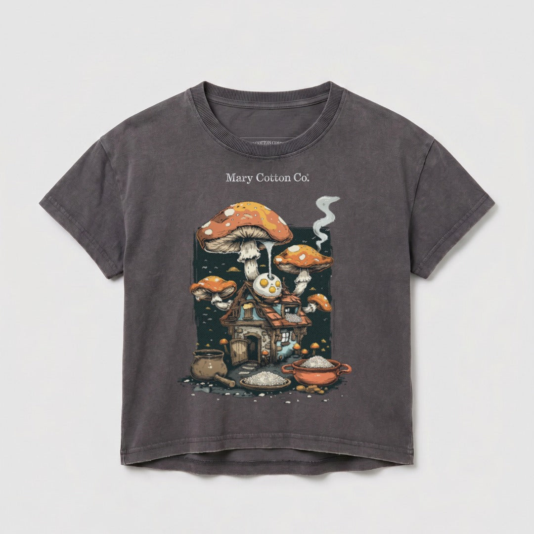 Dark grey t-shirt with mushrooms growing on a house, labeled "Mary Cotton Co.".