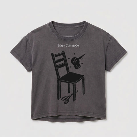 Dark grey t-shirt with a chair, scissors, and watering can graphic.