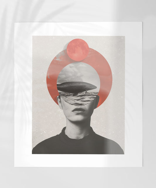 Surreal Red Sun Floating Head Art Print Poster
