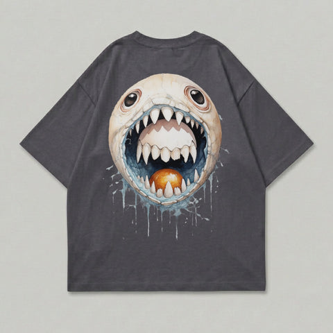 T-shirt with a detailed graphic of a monstrous, open-mouthed egg with sharp teeth.