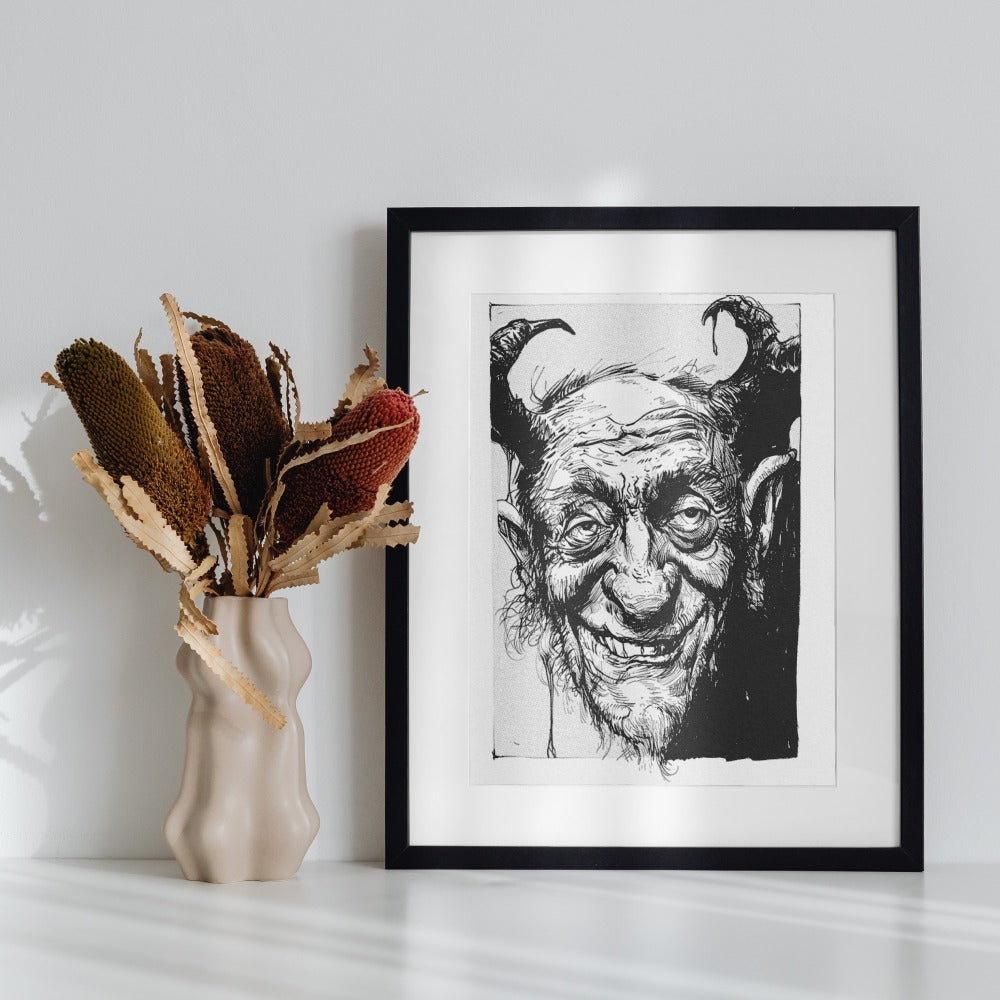 Detailed Devil Drawing Art Print in Black Frame Artwork
