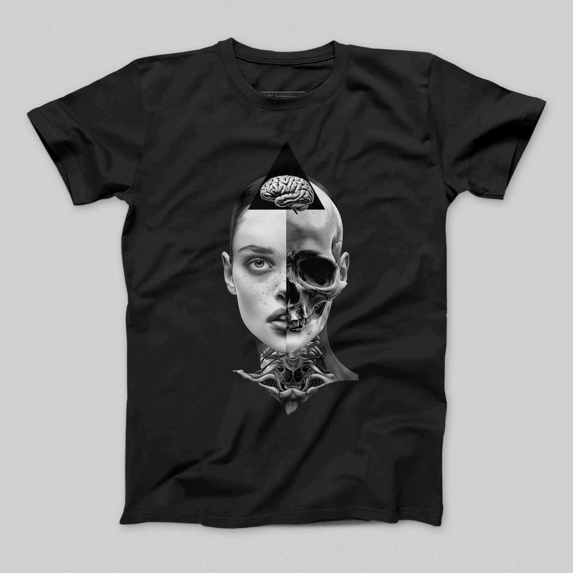 Half Face Skull Brain Graphic Print T-Shirt