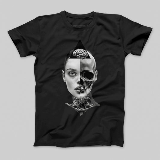 Half Face Skull Brain Graphic Print T-Shirt