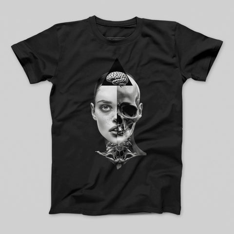 Half Face Skull Brain Graphic Print T-Shirt