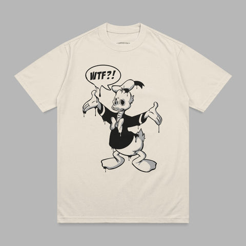 Cream t-shirt with a melting skeleton Donald Duck cartoon and speech bubble saying "WTF?!".