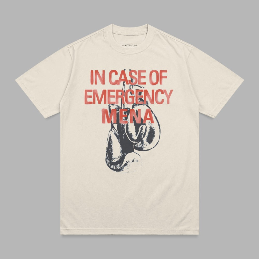 Cream t-shirt with boxing gloves and text "IN CASE OF EMERGENCY MENA".