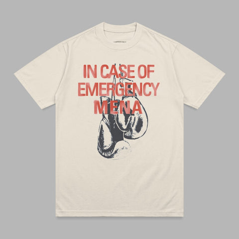 Cream t-shirt with boxing gloves and text "IN CASE OF EMERGENCY MENA".